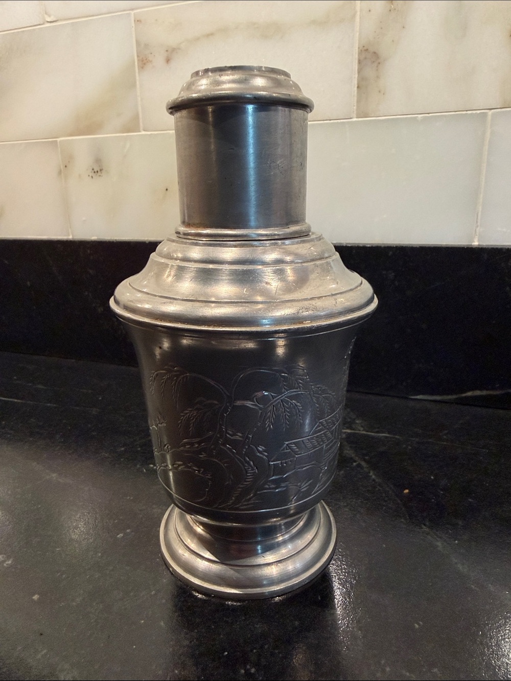 Antique Hui Kee Swatow Pewter chinese tea caddy signed 1920-30